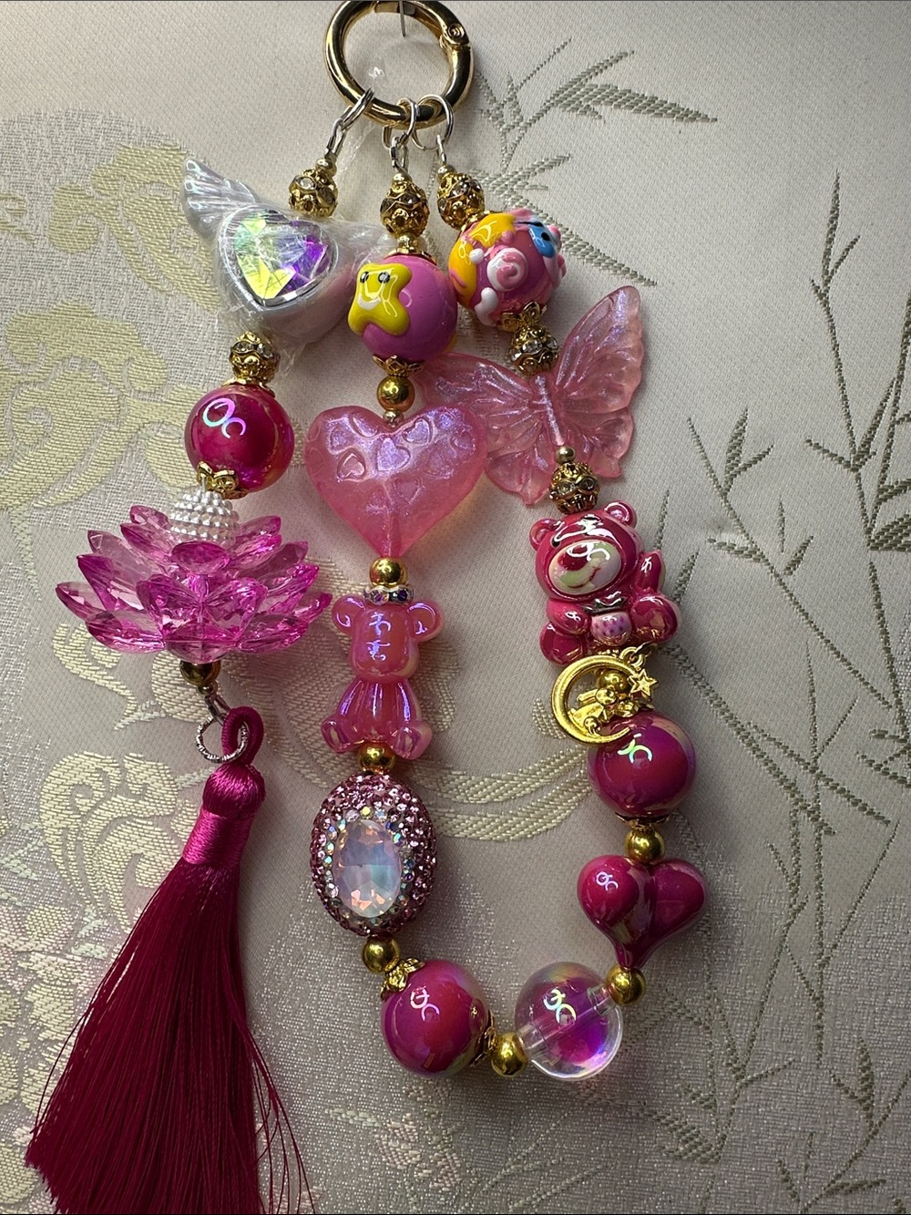 Hot pink beaded phone,keychain,handbag decoration,and  car pendant with Tassel